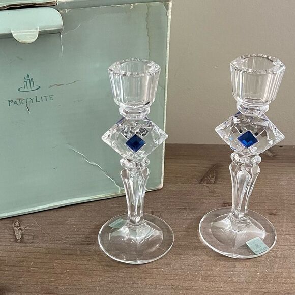 PartyLite Jeweled Crystal Taper Candlestick Pair Sapphire Rhinestones in box - Picture 1 of 6